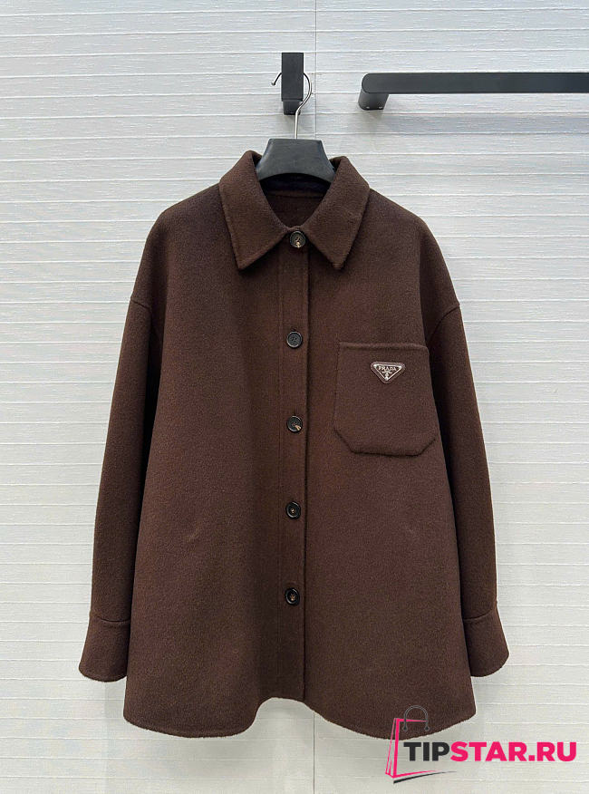 Prada Solid colour single-breasted logo decorated lon Jacket Brown - 1