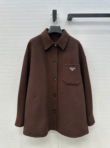 Prada Solid colour single-breasted logo decorated lon Jacket Brown