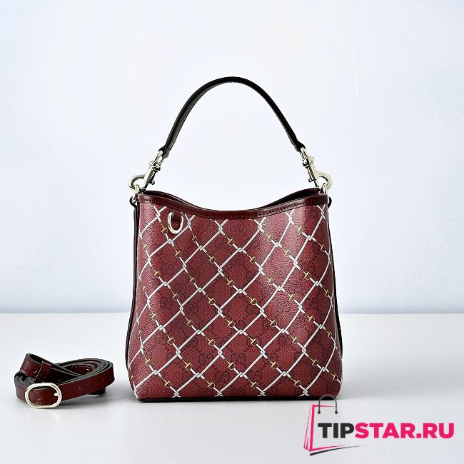 Gucci GG Emblem small bucket bag burgundy leather trim - 1