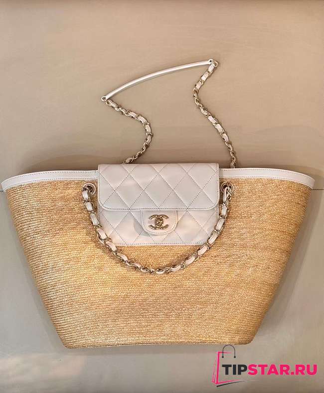 Chanel Large shopping bag Braided straw Beige & White - 1