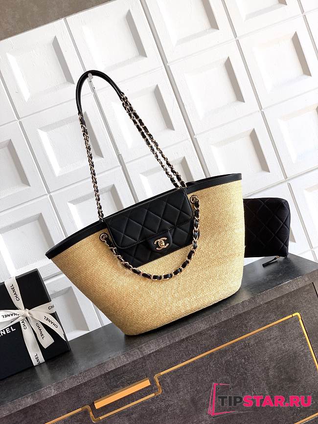 Chanel Large shopping bag Braided straw Beige & Black - 1
