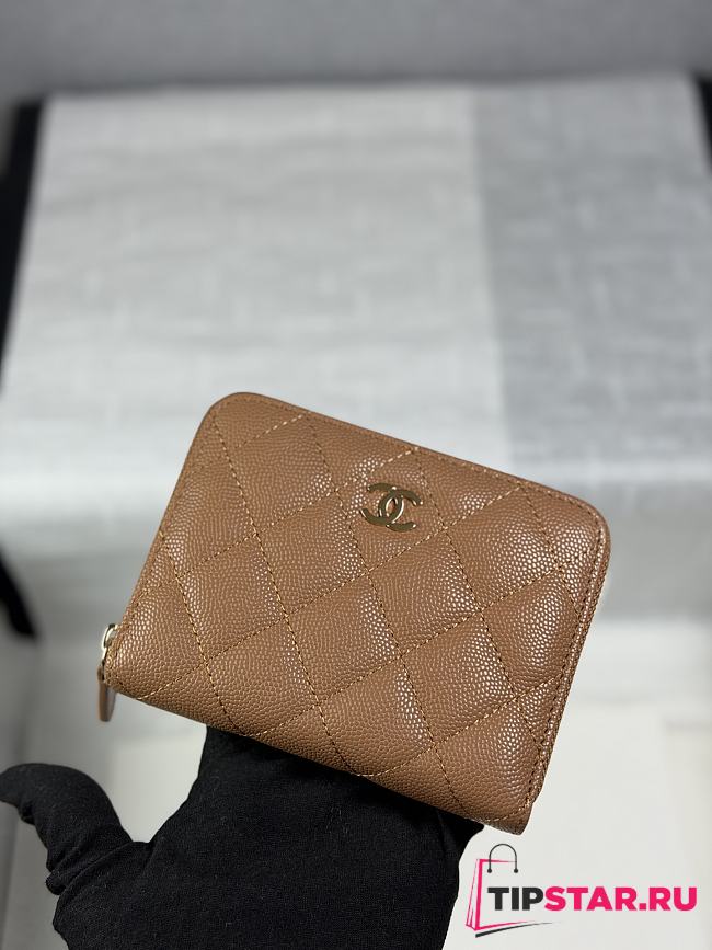 Chanel Zippered Coin Case Carviar Gold Hardware Brown - 1