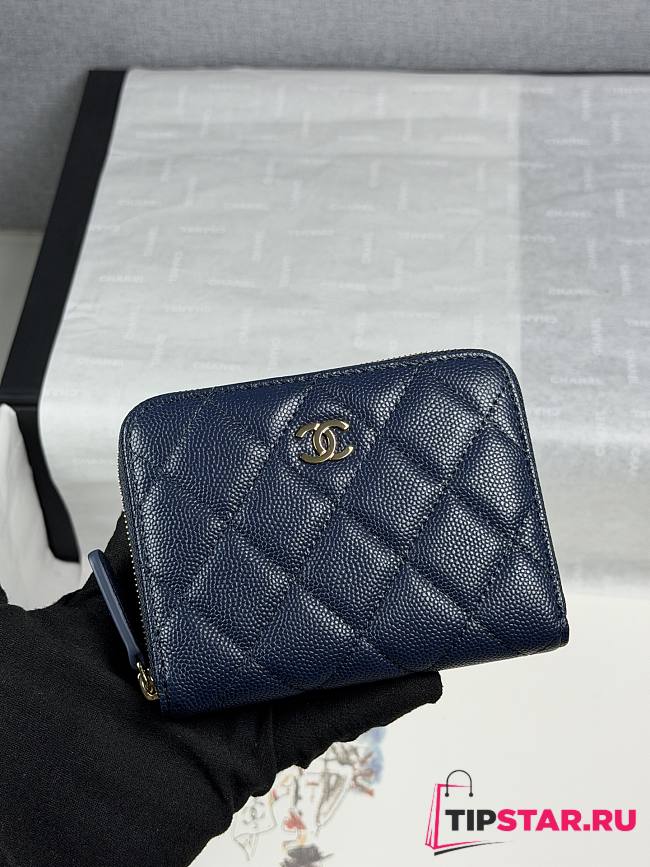 Chanel Zippered Coin Case Carviar Gold Hardware Dark Blue - 1