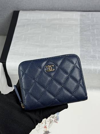 Chanel Zippered Coin Case Carviar Gold Hardware Dark Blue