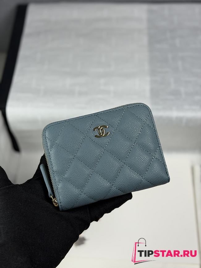 Chanel Zippered Coin Case Carviar Gold Hardware Blue - 1