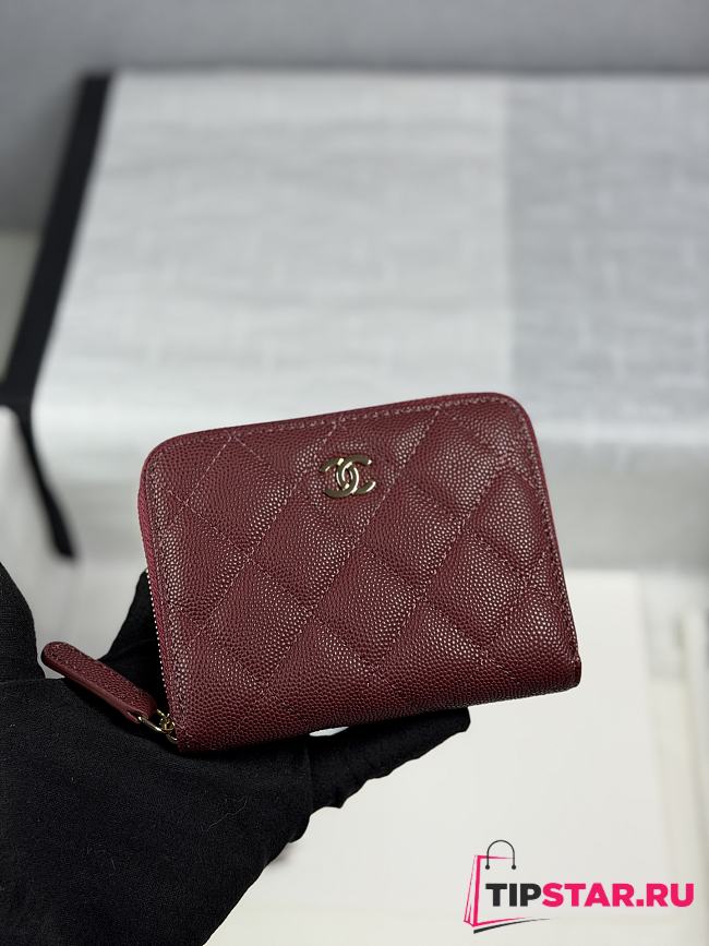 Chanel Zippered Coin Case Carviar Gold Hardware Burgundy - 1