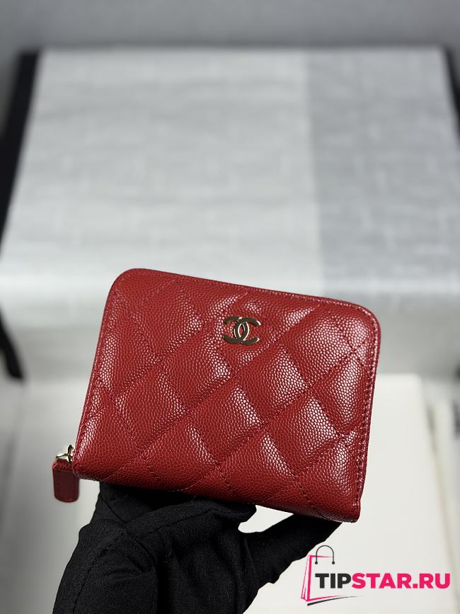 Chanel Zippered Coin Case Carviar Gold Hardware Red - 1