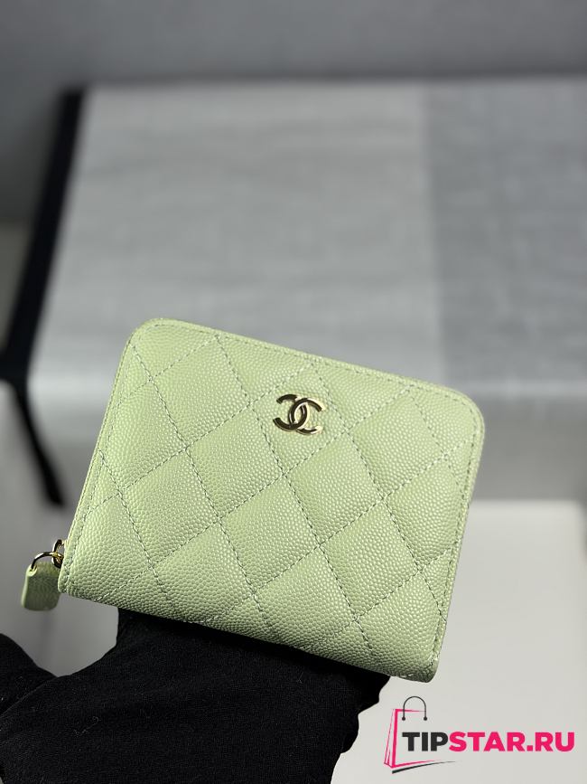Chanel Zippered Coin Case Carviar Gold Hardware Light Green - 1