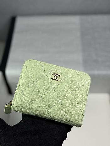 Chanel Zippered Coin Case Carviar Gold Hardware Light Green