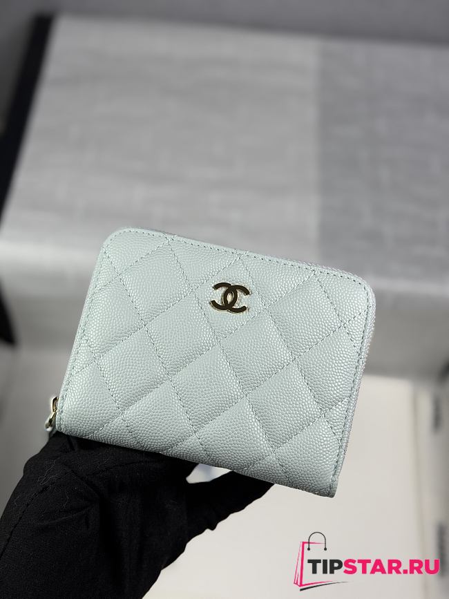 Chanel Zippered Coin Case Carviar Gold Hardware Light Blue - 1