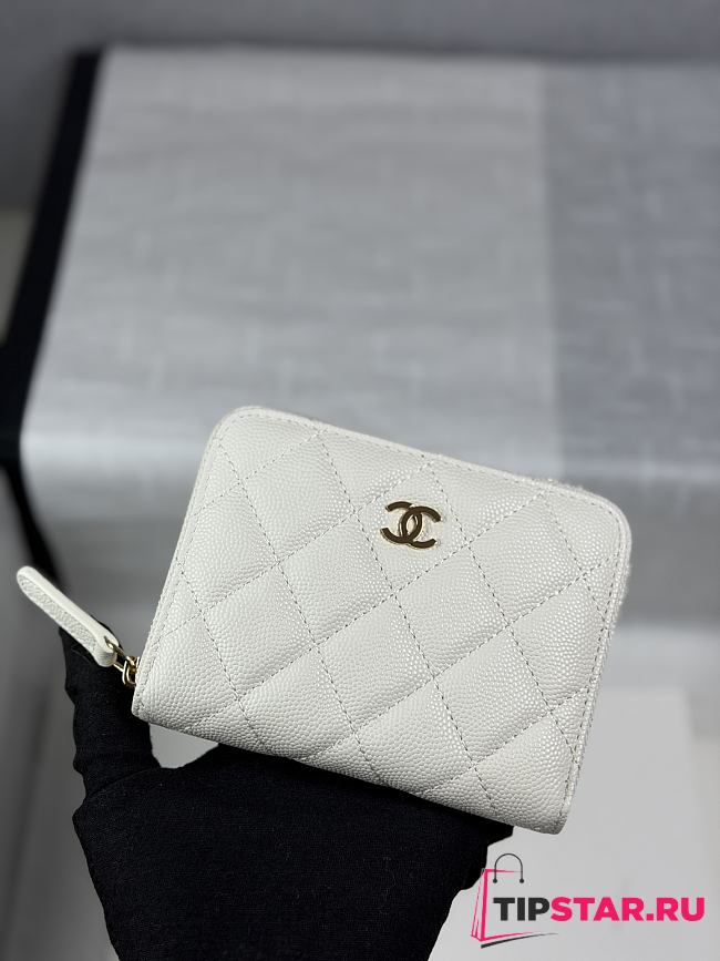 Chanel Zippered Coin Case Carviar Gold Hardware White - 1