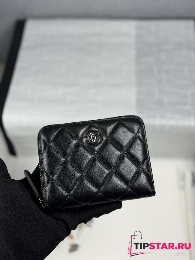 Chanel Zippered Coin Case Lambskin Silver Hardware Black - 1