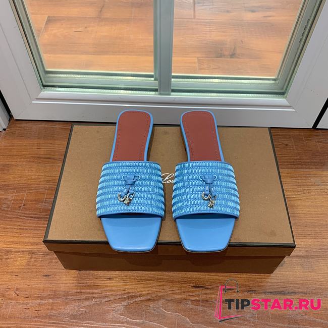 Loro Piana Womens Woven Stripe Cowhide Loafers Sandals Blue - 1