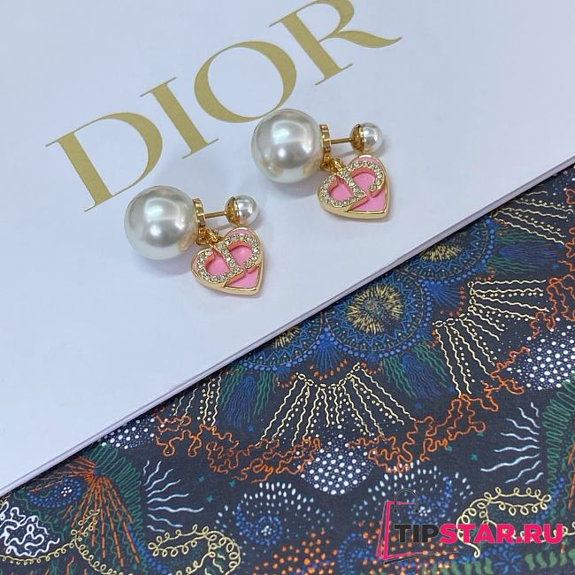 Dior Pink Heart CD Full Diamond Pearl Earrings - 1