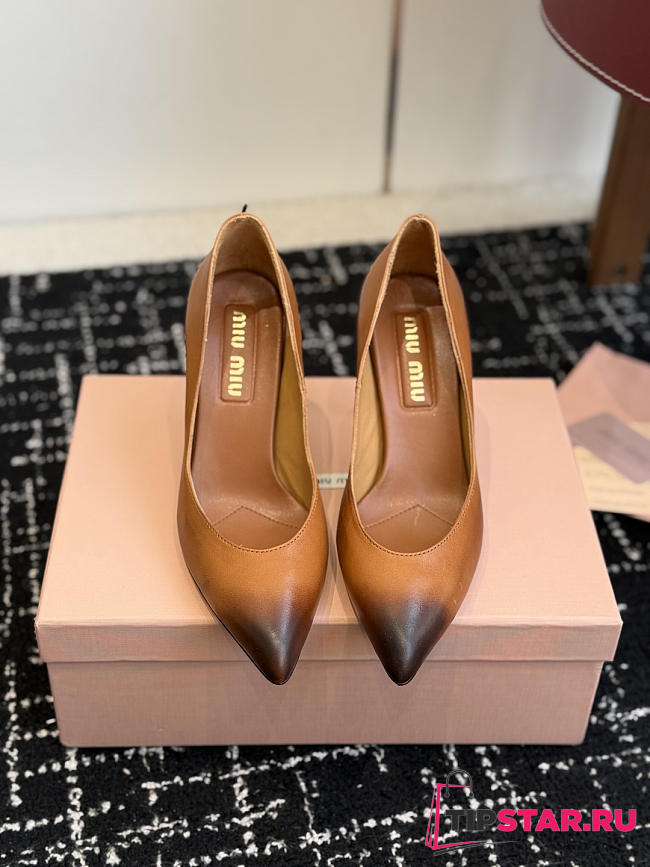 Miumiu Waxed Calfskin Pointy Toe Pump Caramel Brown - 1