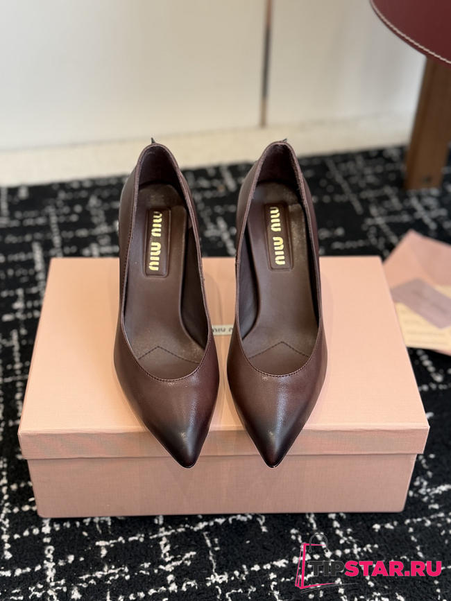 Miumiu Waxed Calfskin Pointy Toe Pump Dark Chocolate Brown - 1