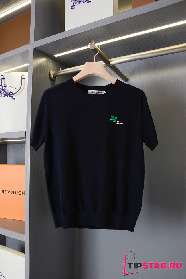 Dior Short-Sleeved Fitted Sweater Black Wool Knit with Green - 1