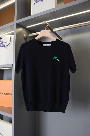 Dior Short-Sleeved Fitted Sweater Black Wool Knit with Green