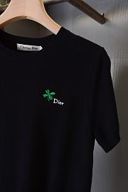 Dior Short-Sleeved Fitted Sweater Black Wool Knit with Green - 3