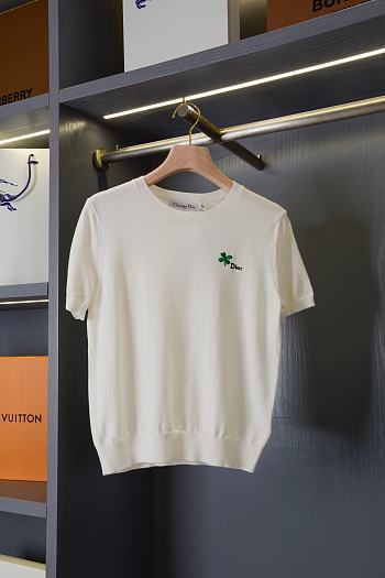 Dior Short-Sleeved Fitted Sweater White Wool Knit with Green