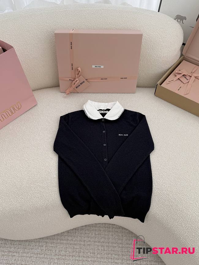 Miumiu Cashmere Cardigan With Embroidered Poplin Collar Black - 1