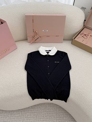 Miumiu Cashmere Cardigan With Embroidered Poplin Collar Black