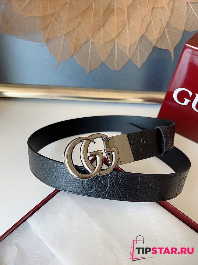 Gucci GG 3.7 Round Interlocking Double G Dark Silver Buckle Belt Black - 1