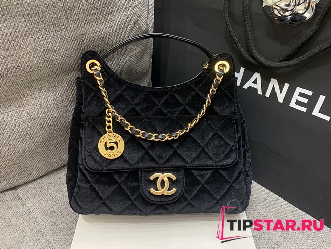 Chanel Velvet Quilted Medium Wavy CC Hobo Black - 1