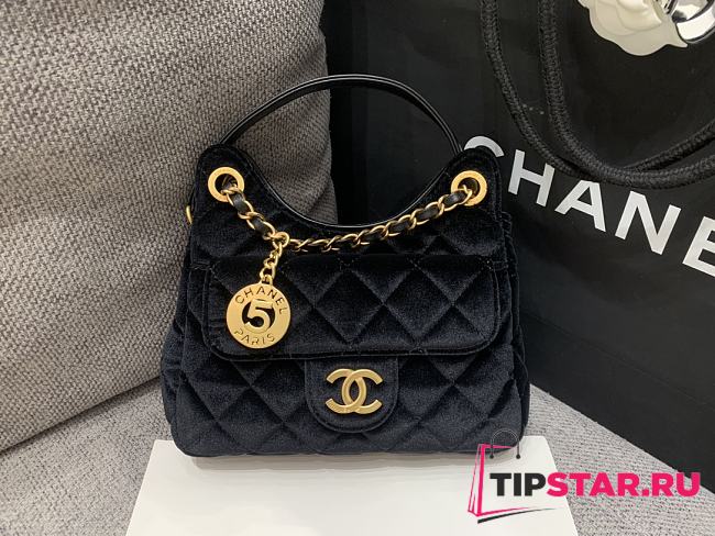 Chanel Velvet Quilted Small Wavy CC Hobo Black - 1
