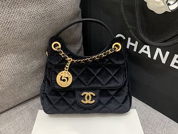 Chanel Velvet Quilted Small Wavy CC Hobo Black