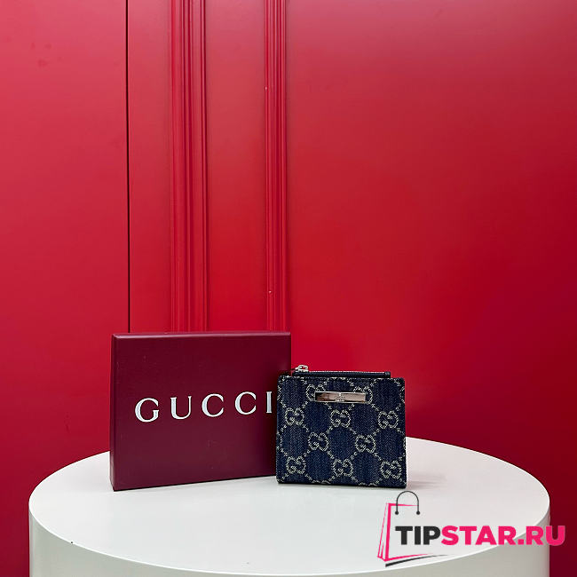 Gucci Small wallet with plaque in dark blue GG denim - 1