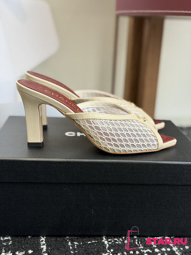 Chanel Mesh Pointed-Toe High-Heeled Mule Sandals Cream 8cm - 1