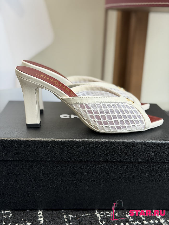 Chanel Mesh Pointed-Toe High-Heeled Mule Sandals White 8cm - 1