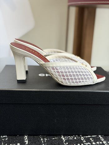 Chanel Mesh Pointed-Toe High-Heeled Mule Sandals White 8cm