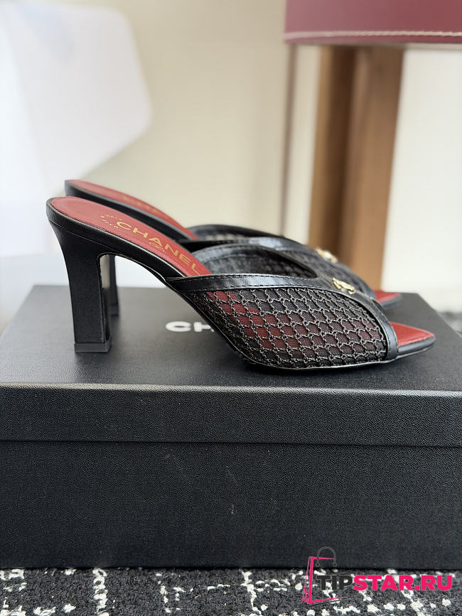 Chanel Mesh Pointed-Toe High-Heeled Mule Sandals Black 8cm - 1