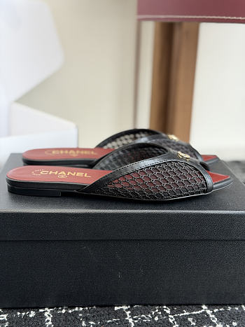 Chanel Mesh Pointed-Toe High-Heeled Mule Flat Sandals Black