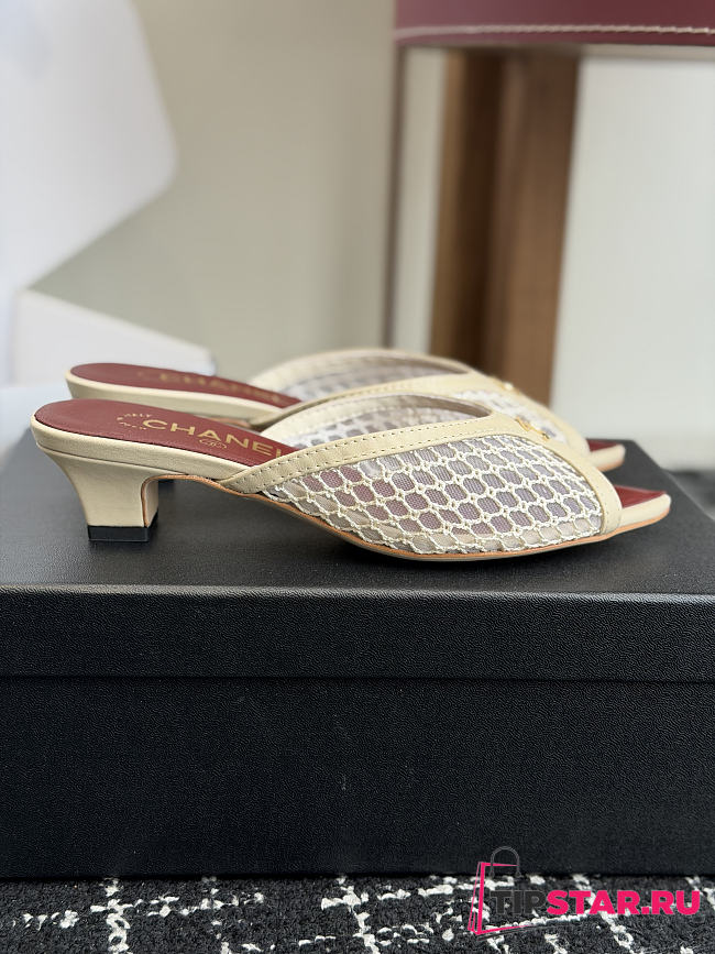 Chanel Mesh Pointed-Toe High-Heeled Mule Sandals Cream 3.5cm - 1