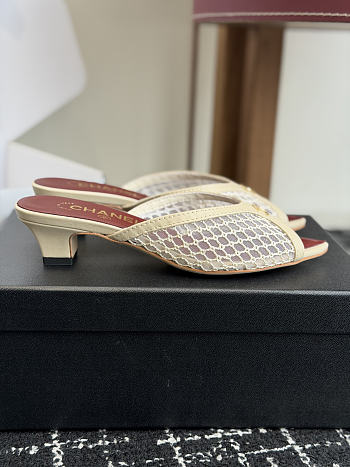 Chanel Mesh Pointed-Toe High-Heeled Mule Sandals Cream 3.5cm