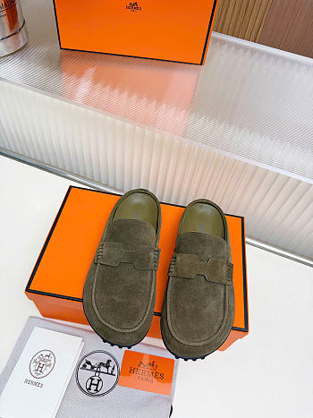 Hermes Mix mule Alabaster olive green suede calfskin insole