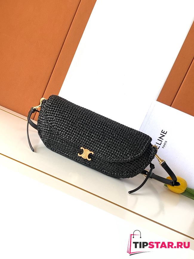 Celine Little Halfmoon Soft Triomphe In Raffia And Lambskin In Black - 1