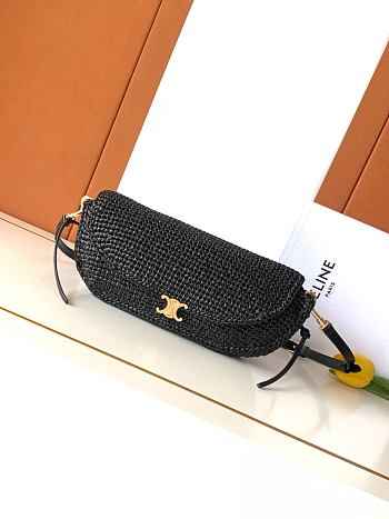Celine Little Halfmoon Soft Triomphe In Raffia And Lambskin In Black