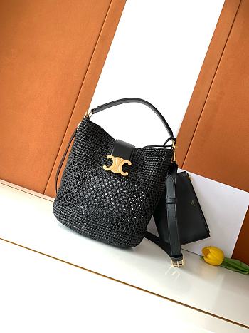 Celine Medium Louise Bucket In Raffia And Calfskin In Black