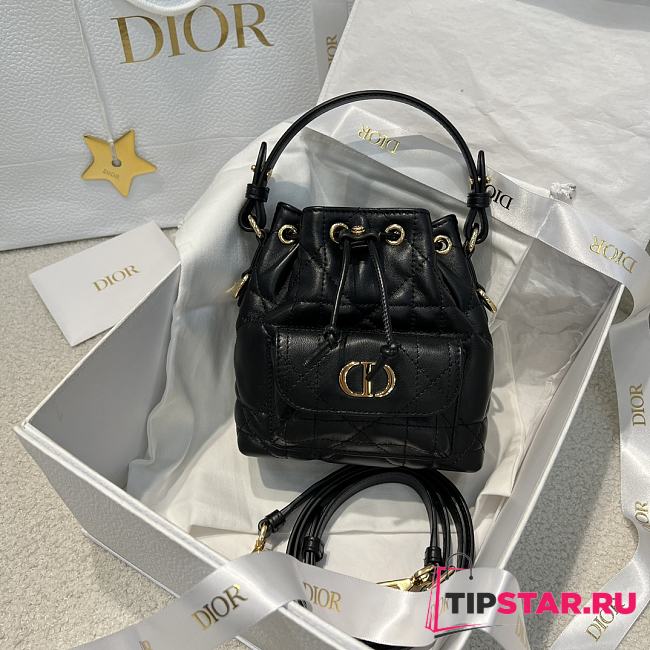 Dior Mini Caro Bucket Bag In Macrocannage Lambskin Black - 1