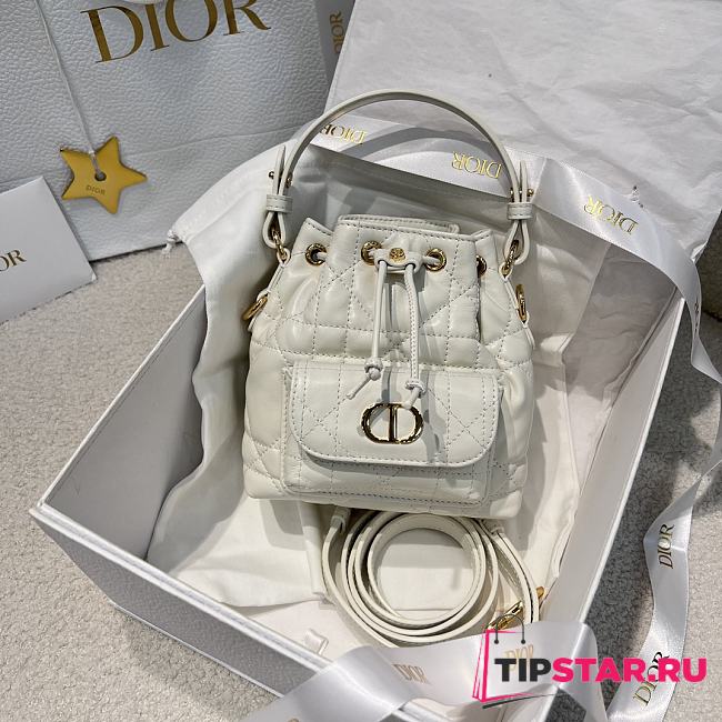 Dior Mini Caro Bucket Bag In Macrocannage Lambskin White - 1