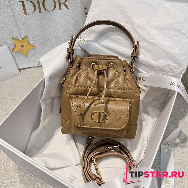 Dior Mini Caro Bucket Bag In Macrocannage Lambskin Brown - 1