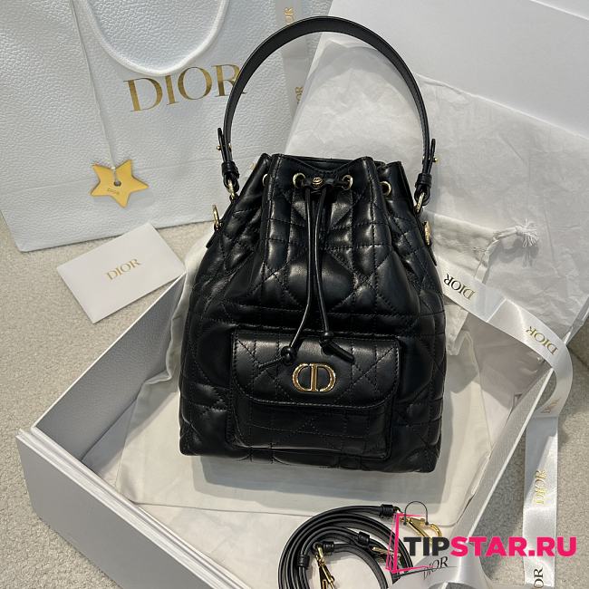 Dior Small Caro Bucket Bag In Macrocannage Lambskin Black - 1