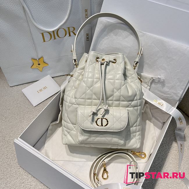 Dior Small Caro Bucket Bag In Macrocannage Lambskin White - 1