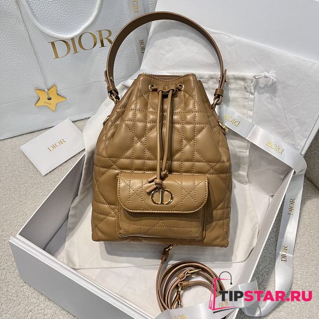 Dior Small Caro Bucket Bag In Macrocannage Lambskin Brown - 1
