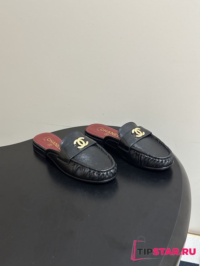 Chanel Crumpled Lambskin CC Mules In Black - 1