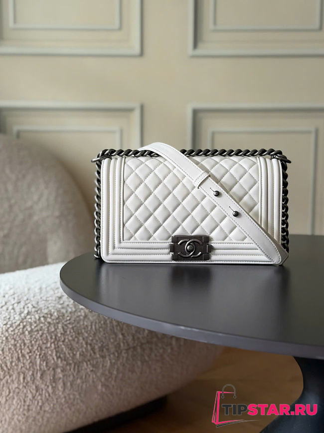Chanel Boy Medium Quilted Leather Flap Bag In White - 1